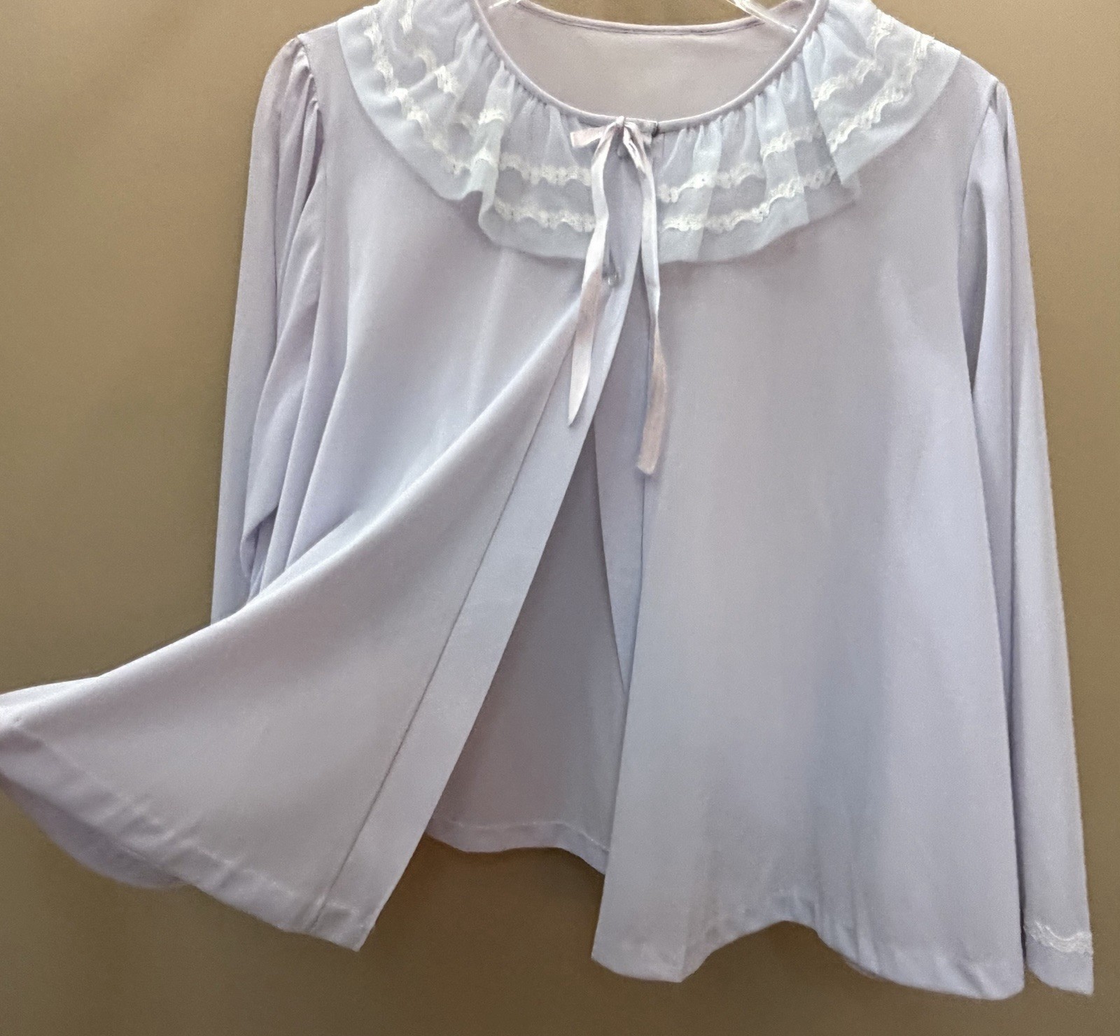 VTG 1950s MISS ELAINE Pale Lavender-Blue Pajama Top-BED JACKET PJ Sheer Lace M/L