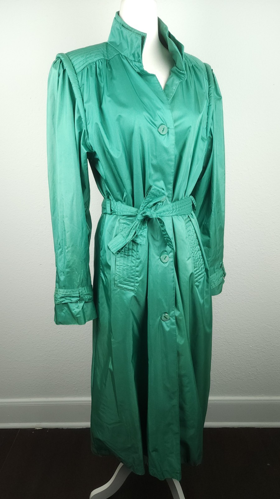 Vintage 70s 80s Green Raincoat Trench Belt Water Resistant Shoulder Pads Size M