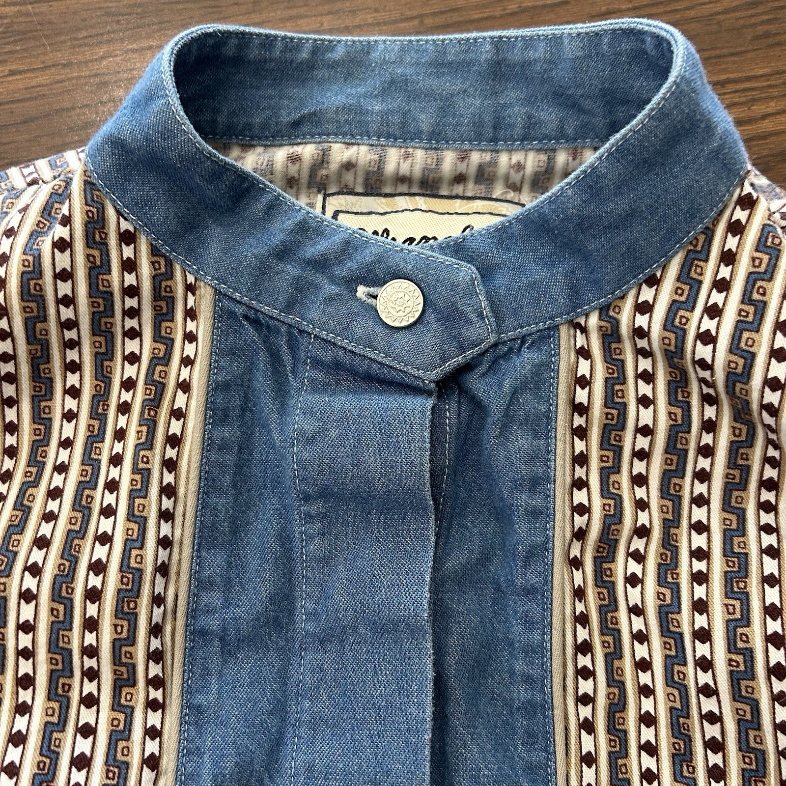 Vintage 80s Wrangler Western Women’s Aztec Striped Denim Bib Shirt Small