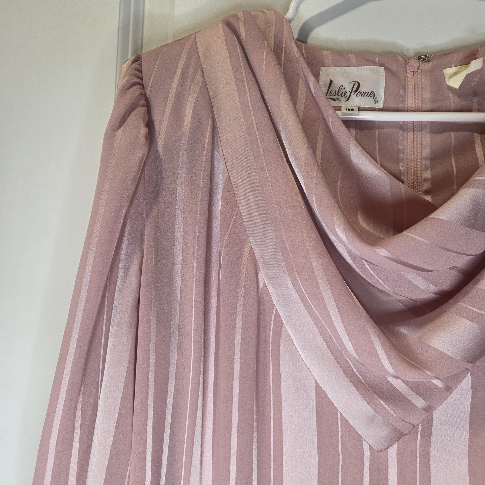 Vintage 80’s Retro Leslie Pomer Pink Dress Size 18B Cowl Neck Shoulder Pads