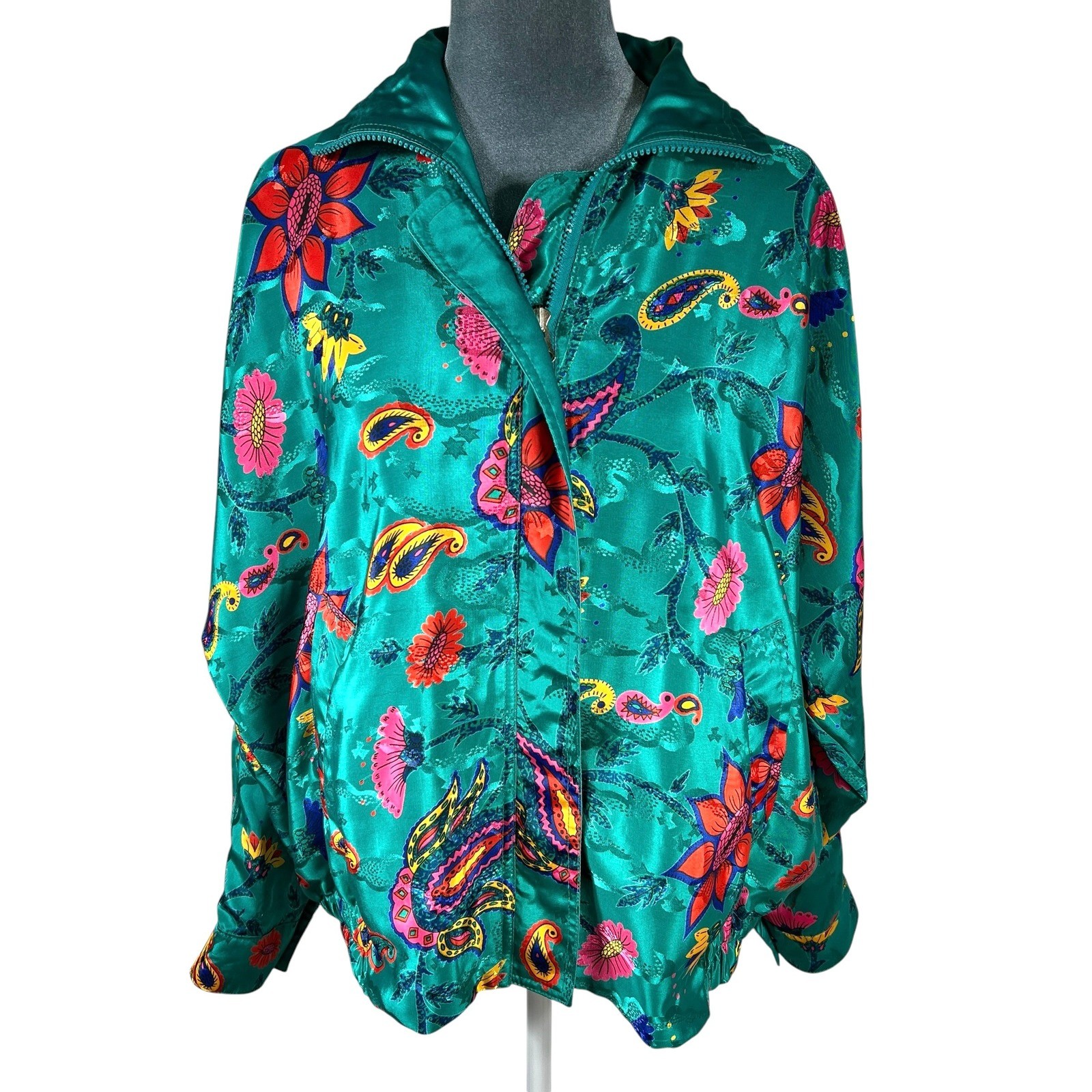 Mighty Vintage Bomber Jacket OSFM Teal Green Floral Paisley Satin 80s 90s Retro