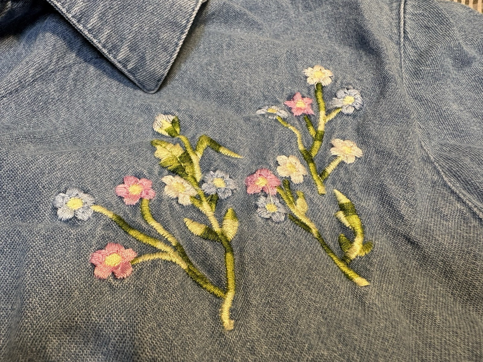 Vintage Grannycore Deniem Floral Button Down Embroidered Short Sleeve Women’s L