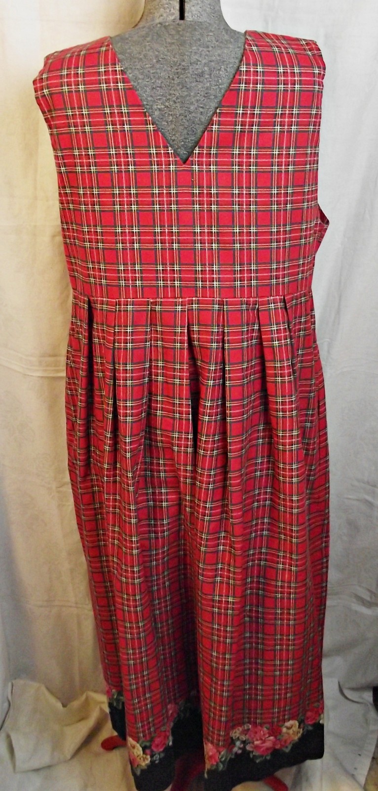 COTTAGECORE Hand Made Womens Jumper Pinafore Dress Red Tartan Plaid Roses XL