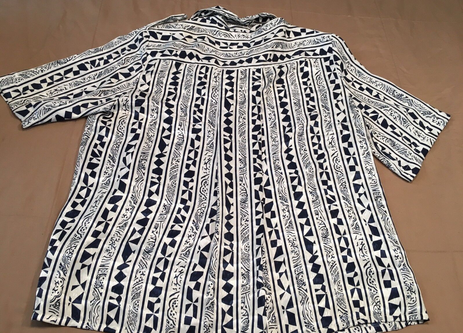Vintage Womens BLEYLE Buttoned S/S Blouse – Dk Blue/White Geometric – Size 12