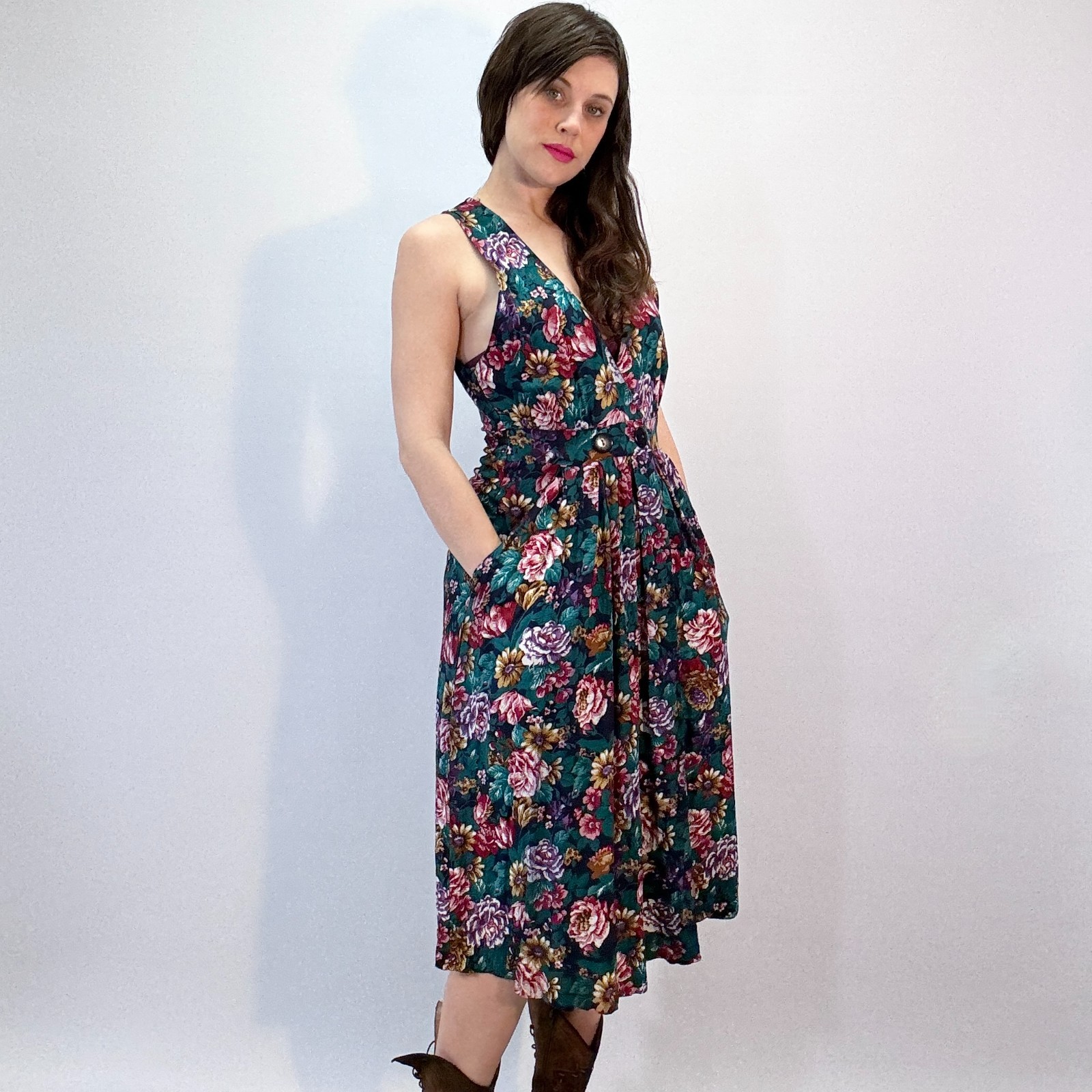Vintage 80s Floral Midi Dress Cottagecore Cotton Wrap Dress w/ Pockets
