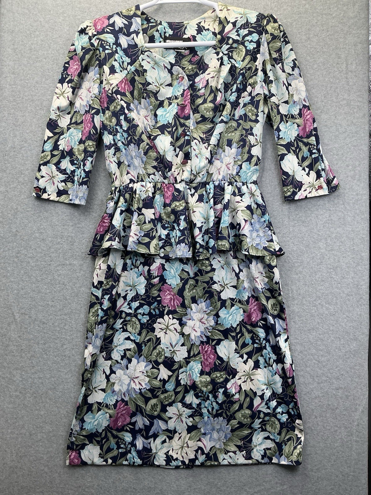 Vintage 80s Whirlaway Floral Peplum Dress Women’s 12P Petite 12 Colorful Midi