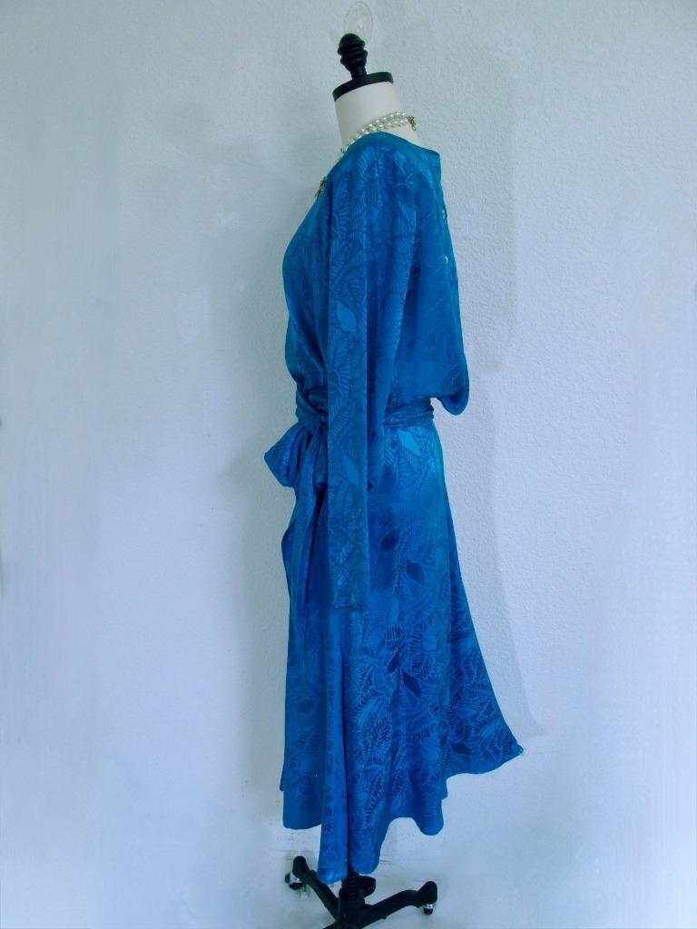 Vintage 80s Jerry Regenbogen Silk Dress 6 Sapphire Blue Sash Wrap Retro Glam