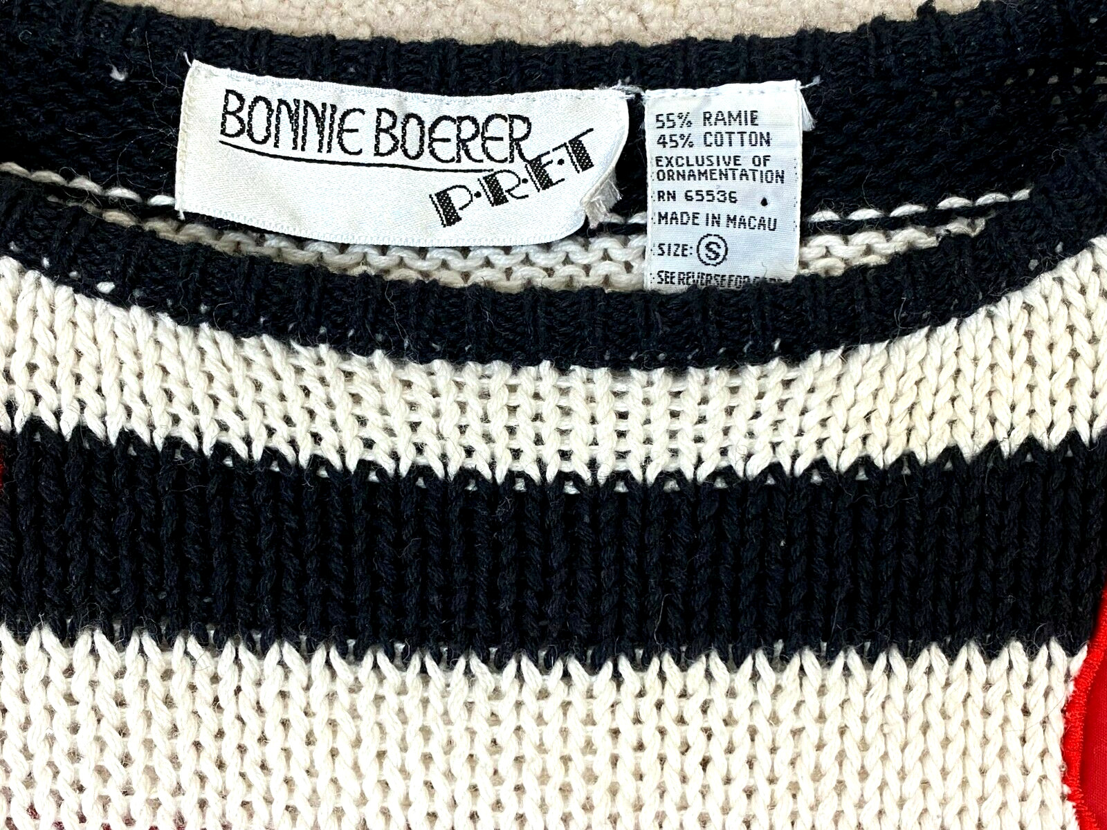 VTG 80s Bonnie Boerer Grannycore Batwing Chunky Sweater S Red Black Striped Knit