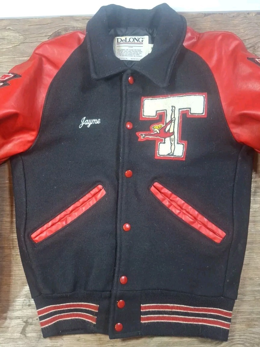 2 VTG DeLong Varsity Jackets Trinity Trojans Texas Gymnastics Sz XS Red Black