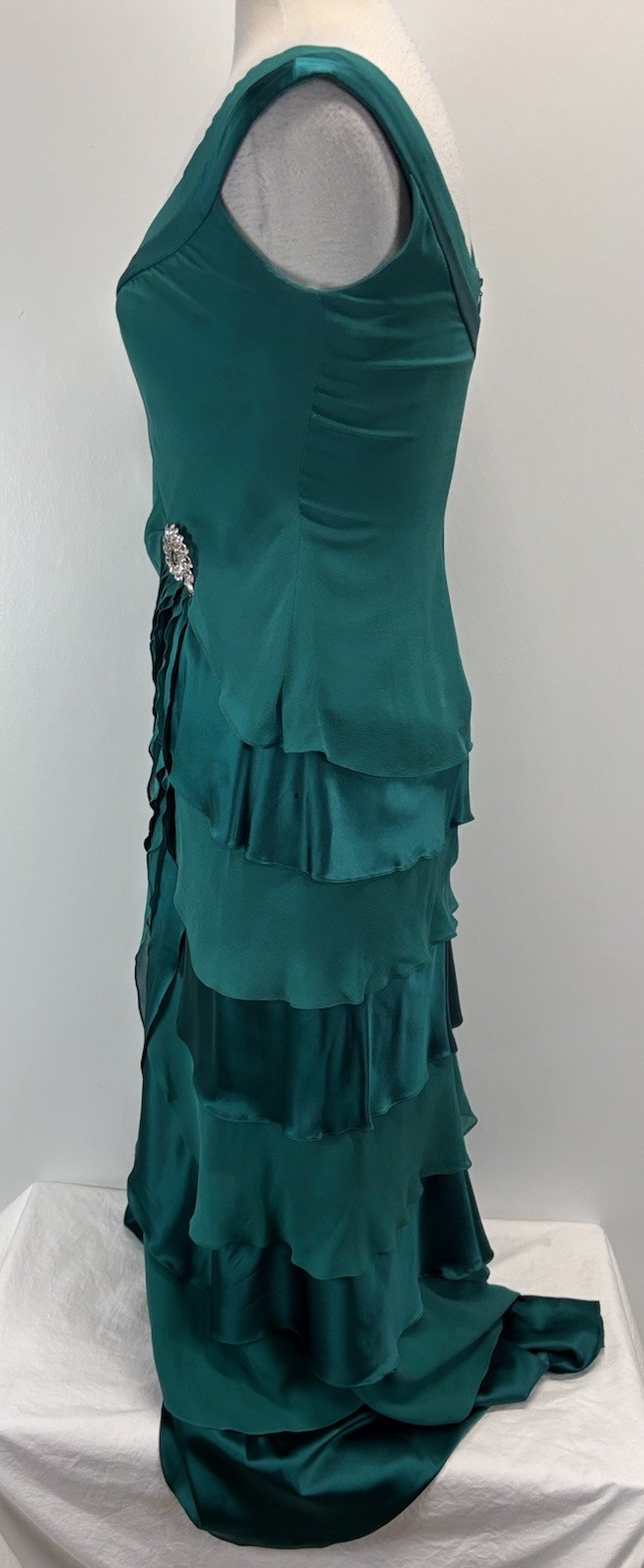 Vtg Tadashi Shoji 100% Silk Tiered Dress Gown Sz 8 Jewel Tone Brooch Formal