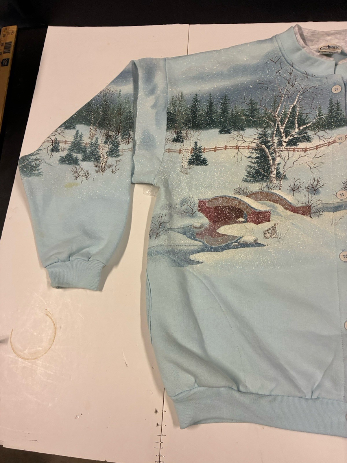 Vtg Winter Scene Graphic Sweatshirt Jacket Women’s Med Grandmacore Button (XL!)