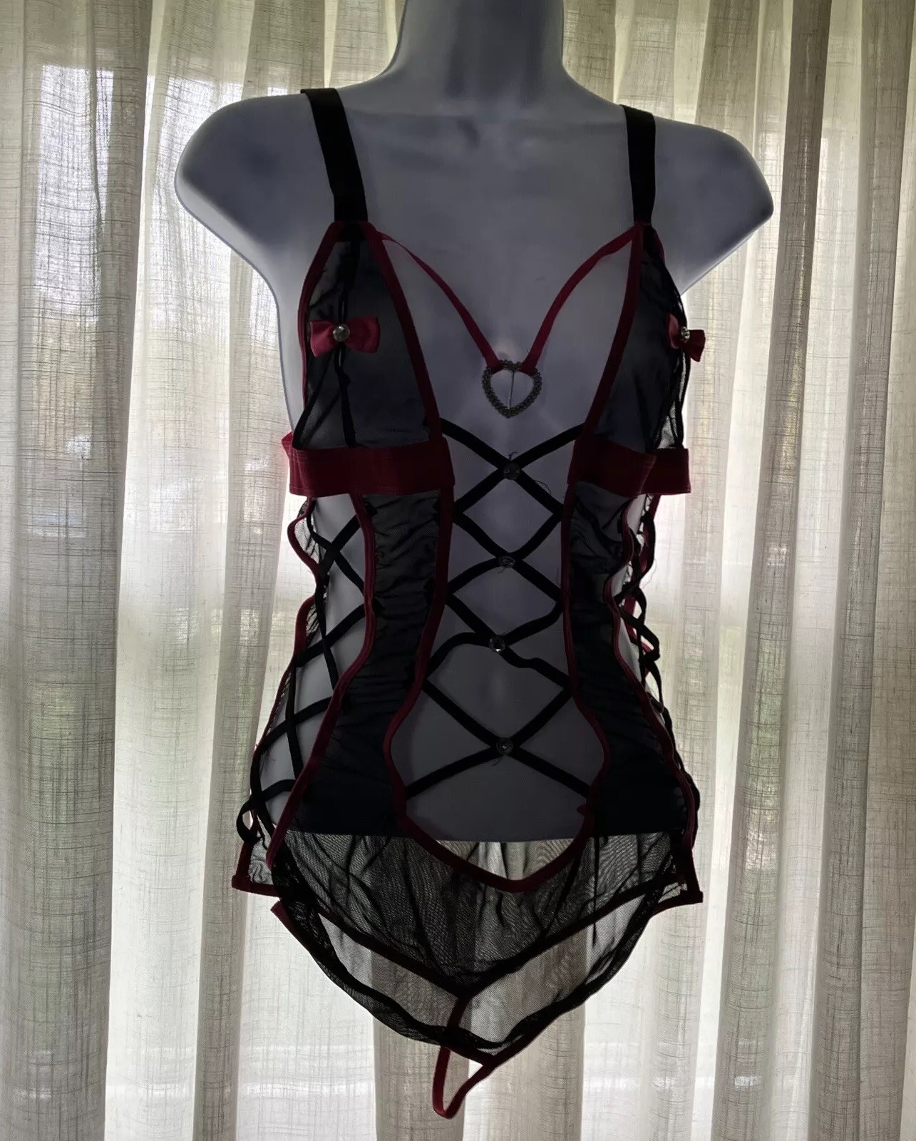 Vintage Black Pink Strappy Woman’s Teddy Sexy Bodysuit Intimate Apparel One Size