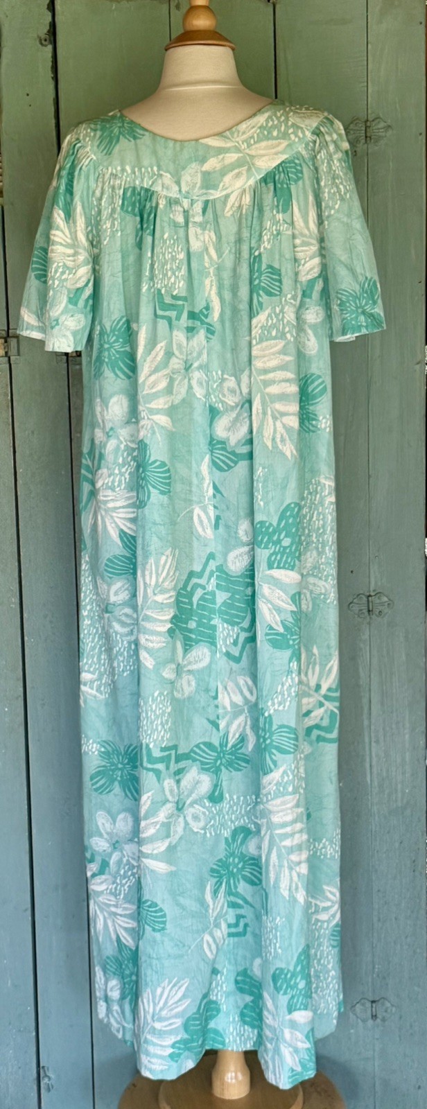 VTG 60’s BARK CLOTH HAWAIIAN MUMU Maxi Muumuu Kaftan Teal SeaGreen Bespoke S/M++