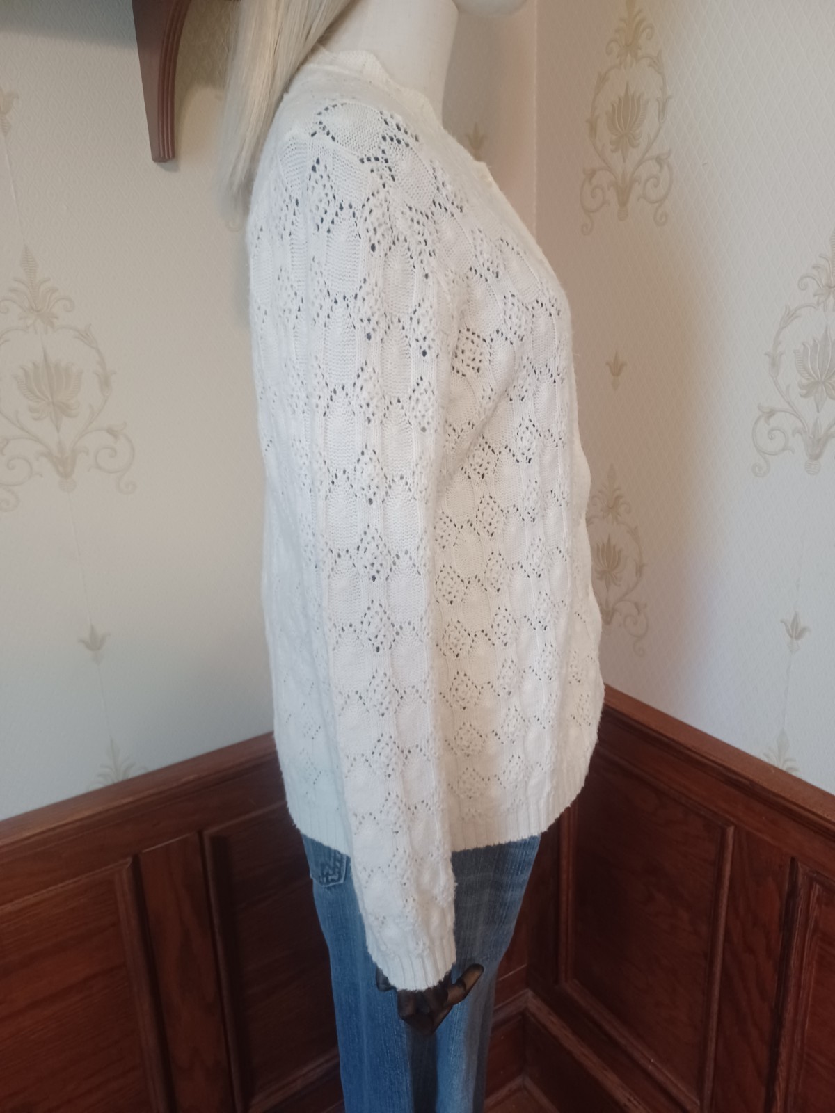 Vintage 1960s/1970s Kenneth Too Ivory-Colored Open Knit Sweater Girl Cardigan