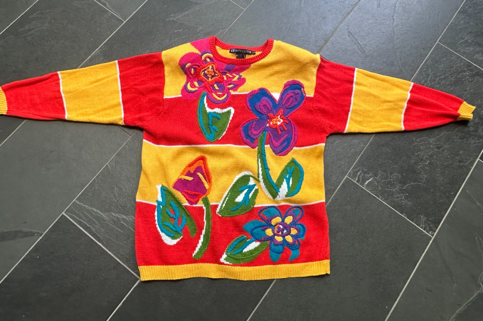 Vintage 1980s I B Diffusion Color Block Embroidered Ramie and Cotton Sweater
