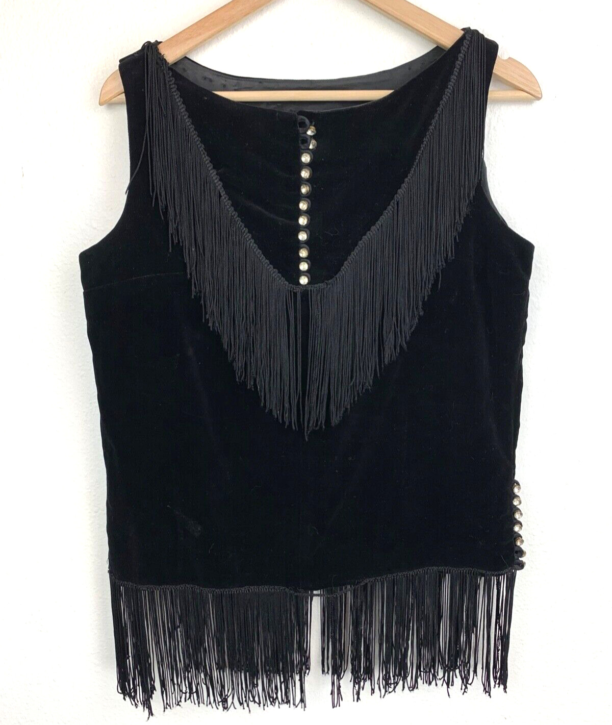 Vintage Vicky Vaughn Black Velour Fringe Vest Rhinestone Buttons
