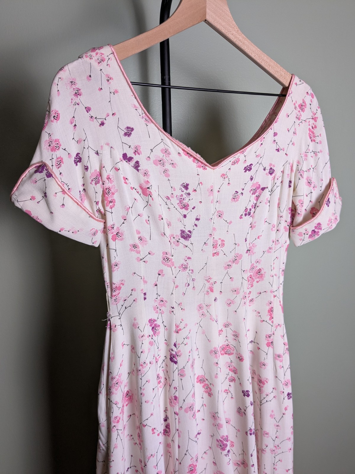 Vintage Handmade 1950s Fit Flare White Pink Linen Like Dress