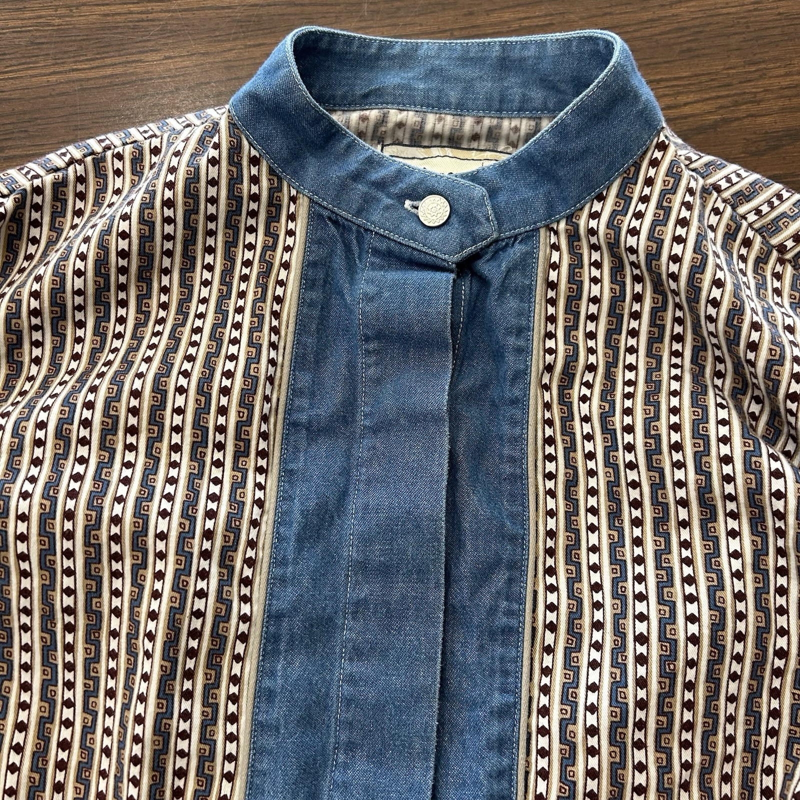 Vintage 80s Wrangler Western Women’s Aztec Striped Denim Bib Shirt Small