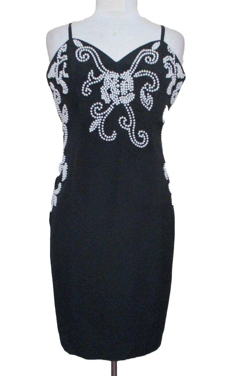 Vintage Casadei Cocktail Dress XS Women Black Tri/Poly White Pearl Beads