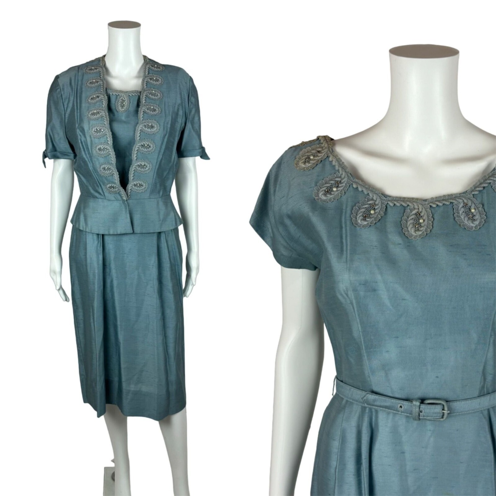Vintage 1950s Dress Set Women’s Small Faux Silk Blue Cocktail Outfit Ann Kauffma