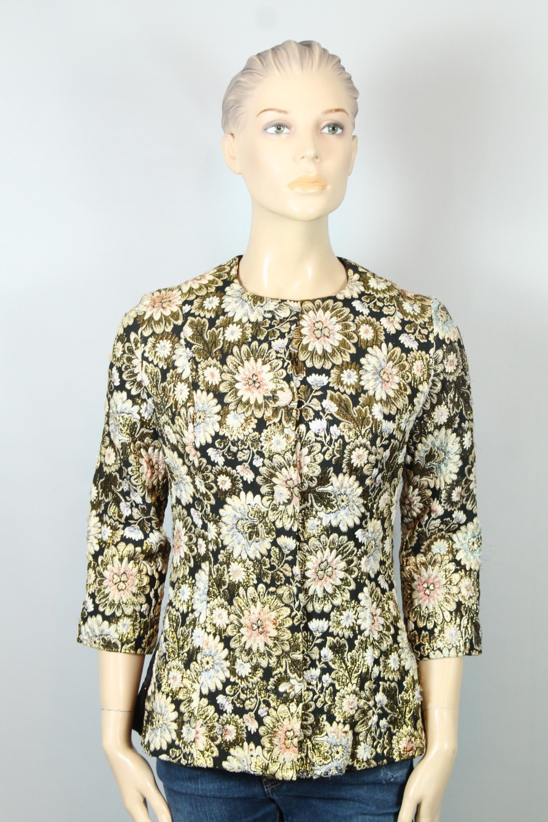 Vtg REVILLON BOUTIQUE PARIS Gold Multi-Color Floral Tailored Jacket Blazer XS/S