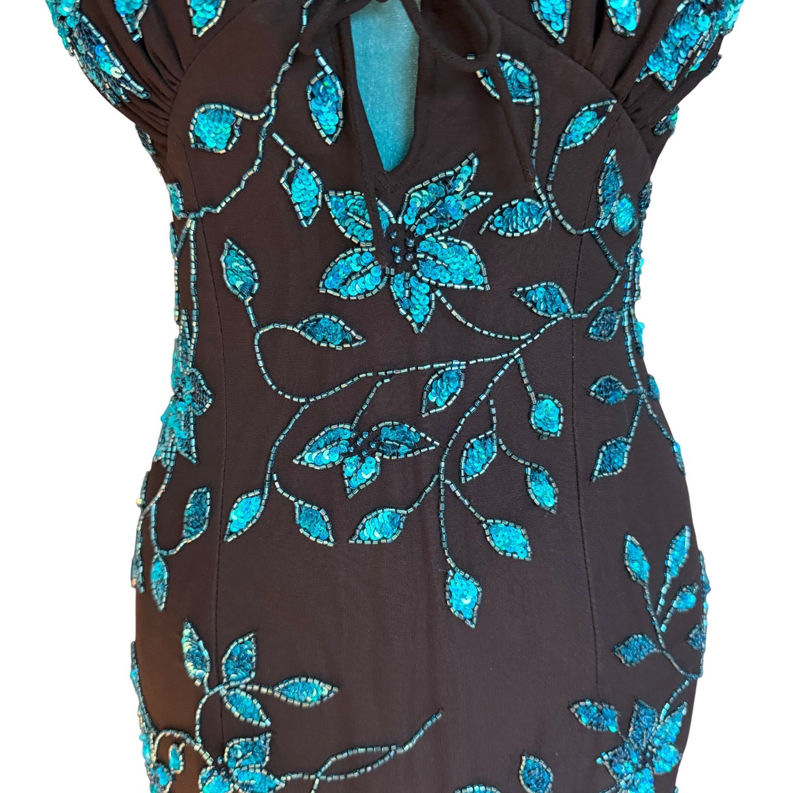 Cache Womens Silk Halter Maxi Black Teal Sequin Beaded Prom Fairy