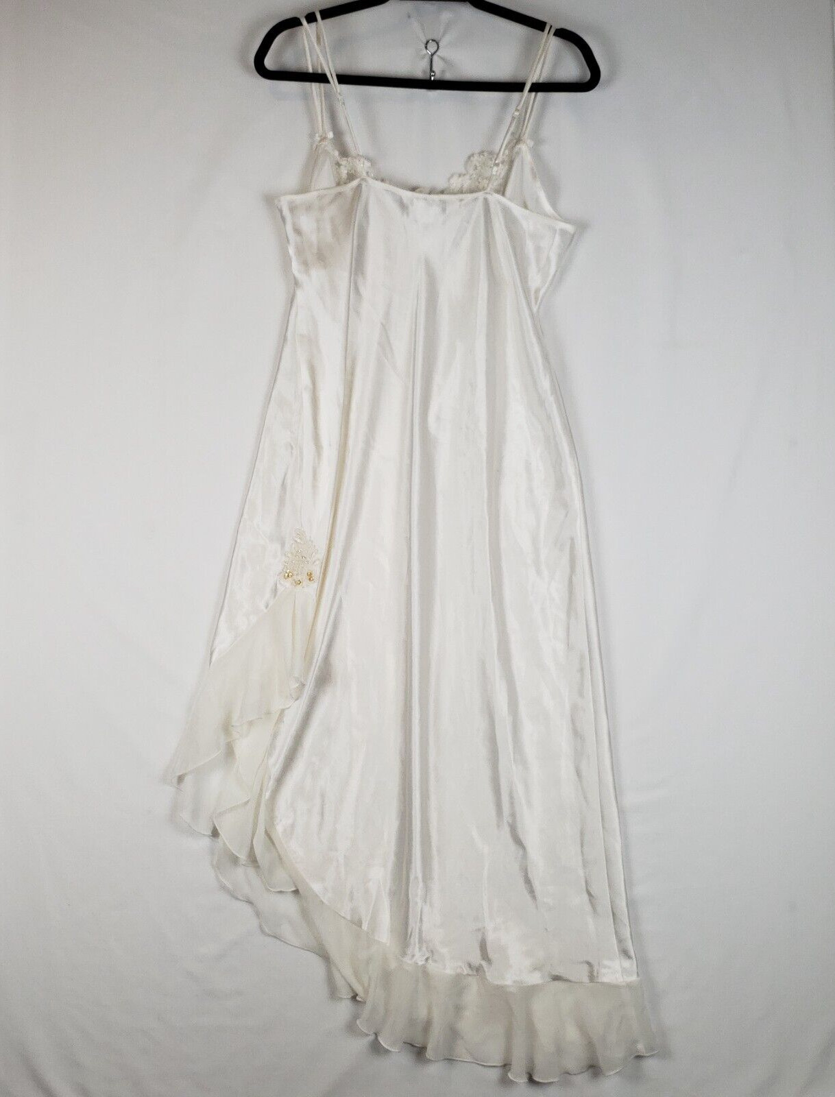 Vtg Enchanting Liquid Satin Nightgown Large Ivory Tapestry Beaded Ruffled Slit