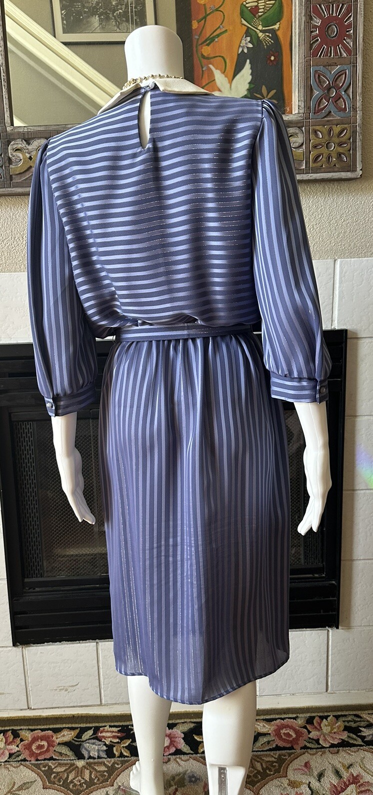 Vtg 80s JSJ Belted Dress Womens Polyester Blue Dynasty Style 34” Bust 28” Waist