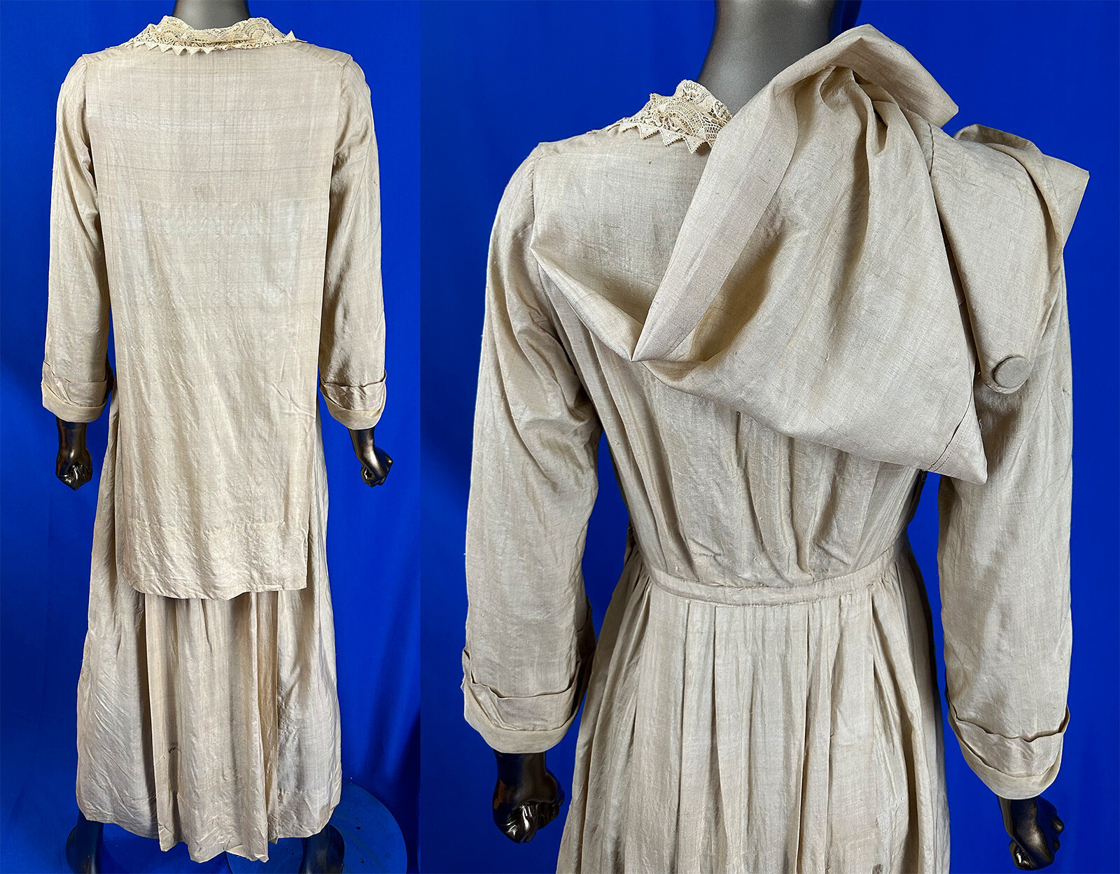 Vintage Edwardian Pongee Silk Needle Lace Trim Top Watteau Back Gown Tea Dress