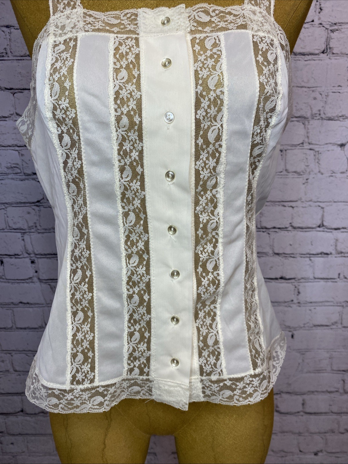 Vtg Nylon Corset Style Ivory Nylon Lace Button Front Lingerie Tank Top
