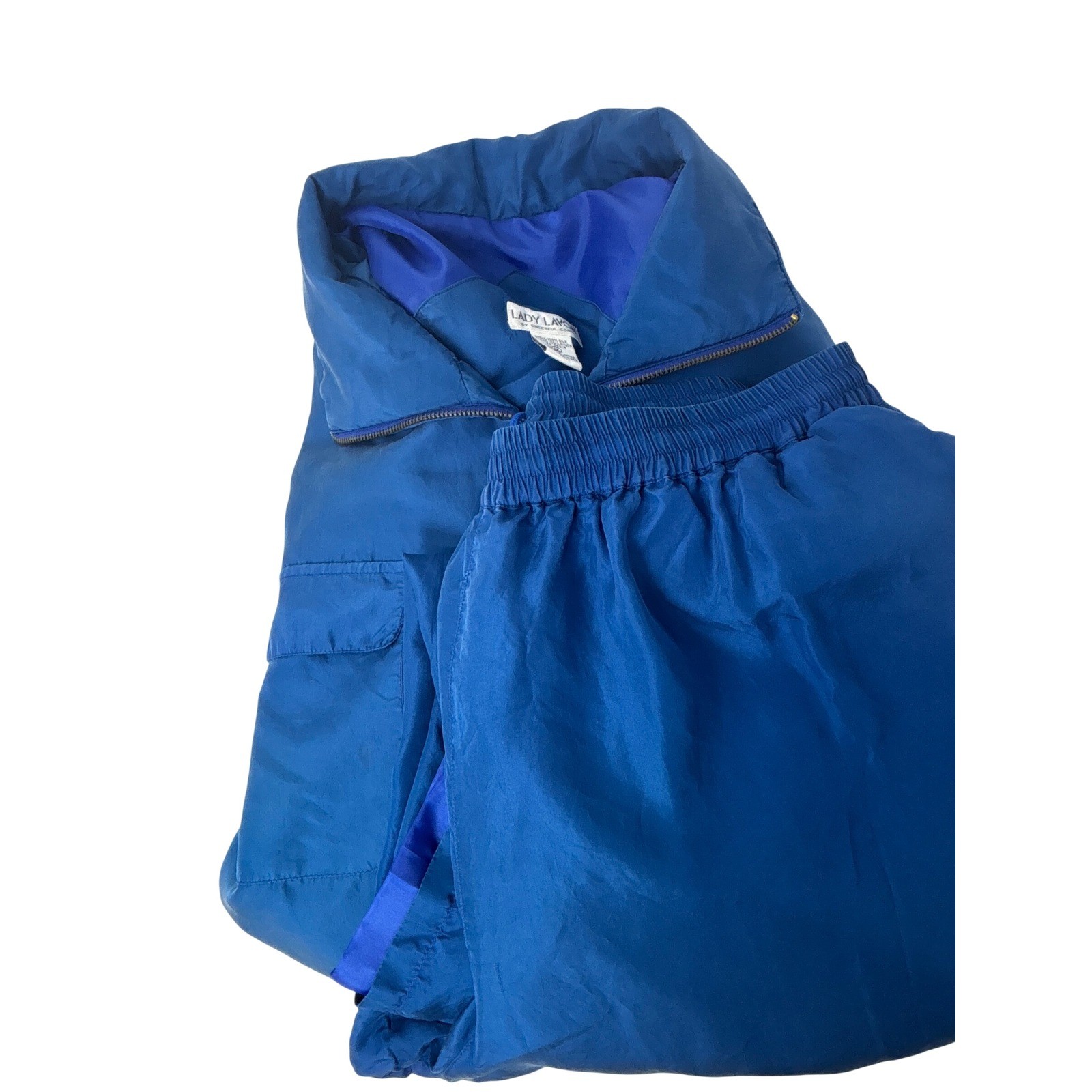 Lady Lavon Vintage 100% Silk Tracksuit Set Royal Blue Jacket Pants Womens 1X