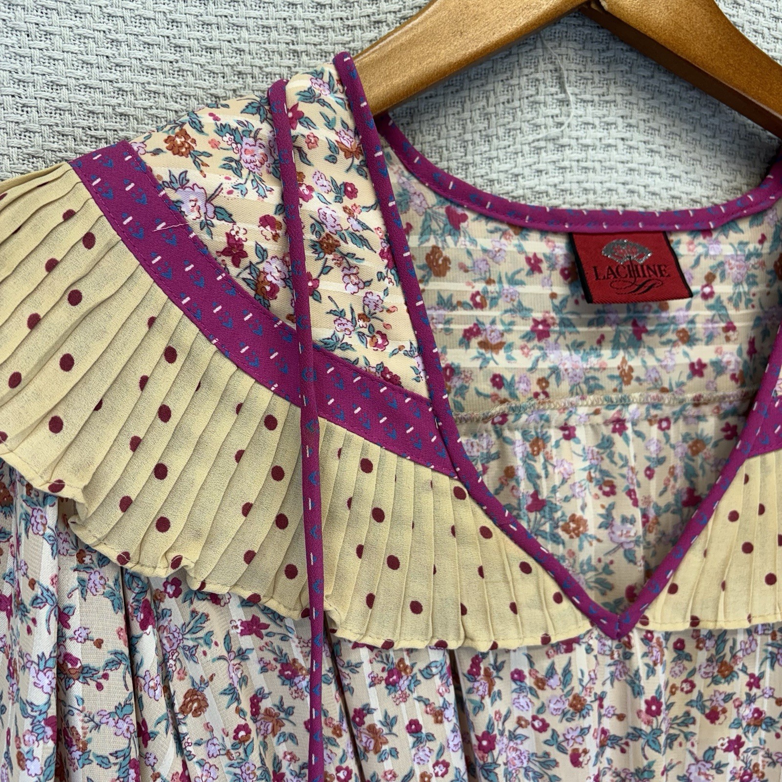 Vintage Lachine Boho Prairie Floral Midi Dress Small Pleated Ruffle Cottagecore