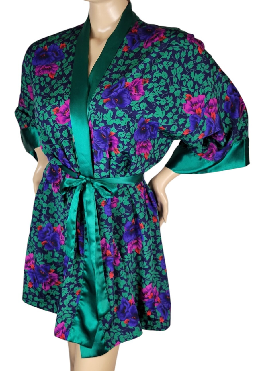 Vtg Victoria’s Secret Gold Label Poly Satin Green Purple Pink Red Floral Robe OS