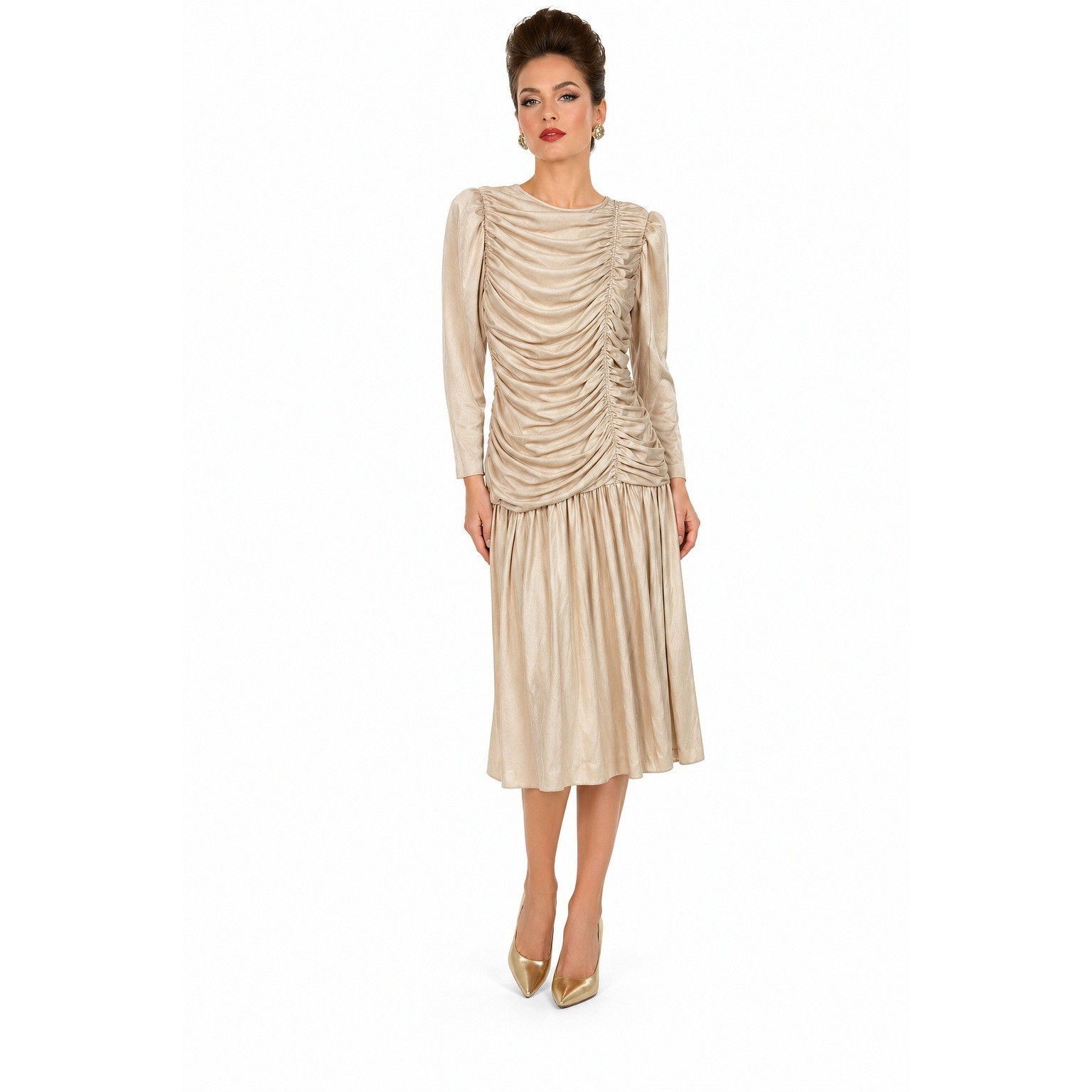 Vintage Claralura Original Ruched Metallic Gold Midi Dress Long Sleeve 80s Glam