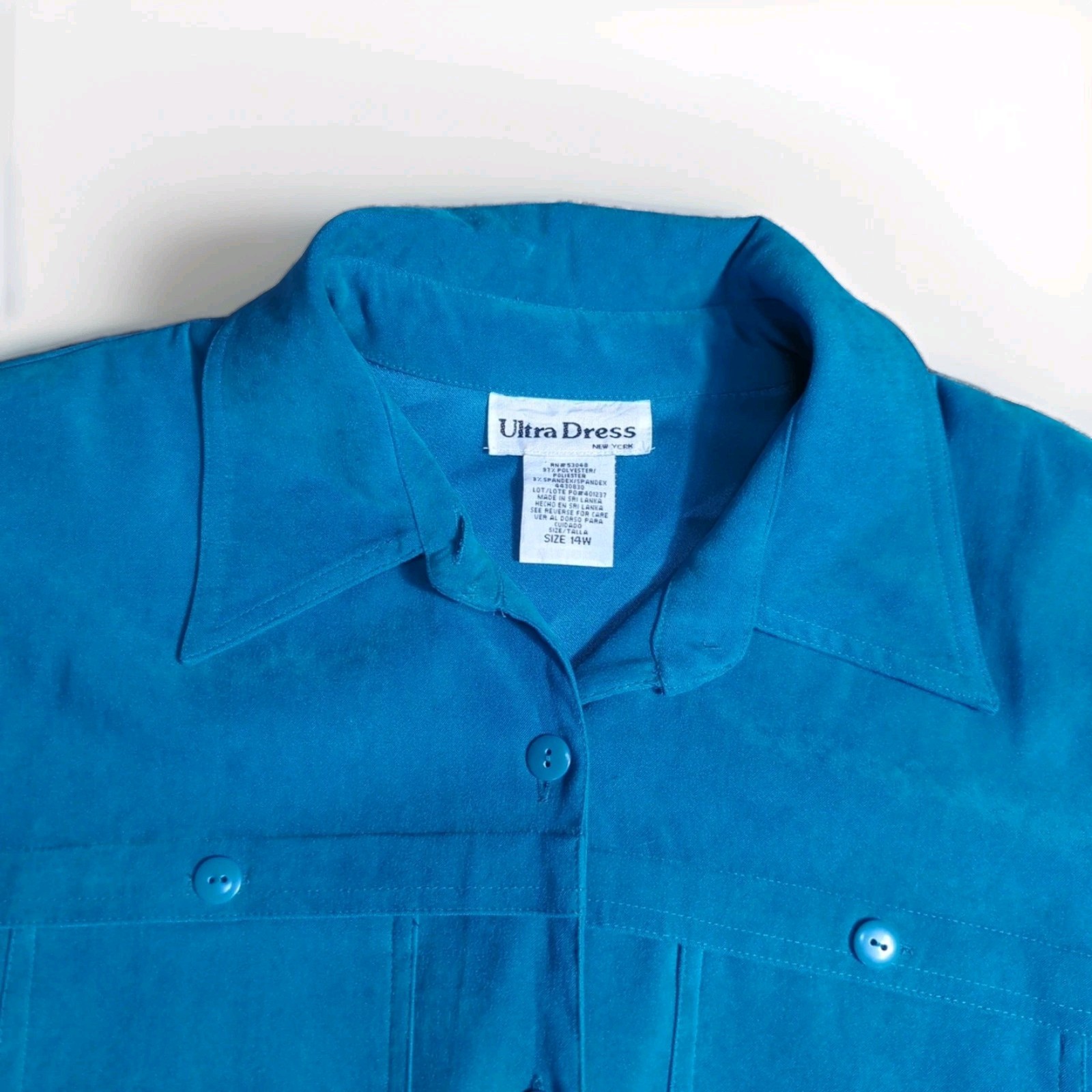 Vtg 80s Ultra Dress Womans 14W Turquoise 3/4 sleeve Button Up Shirt & Pants 392