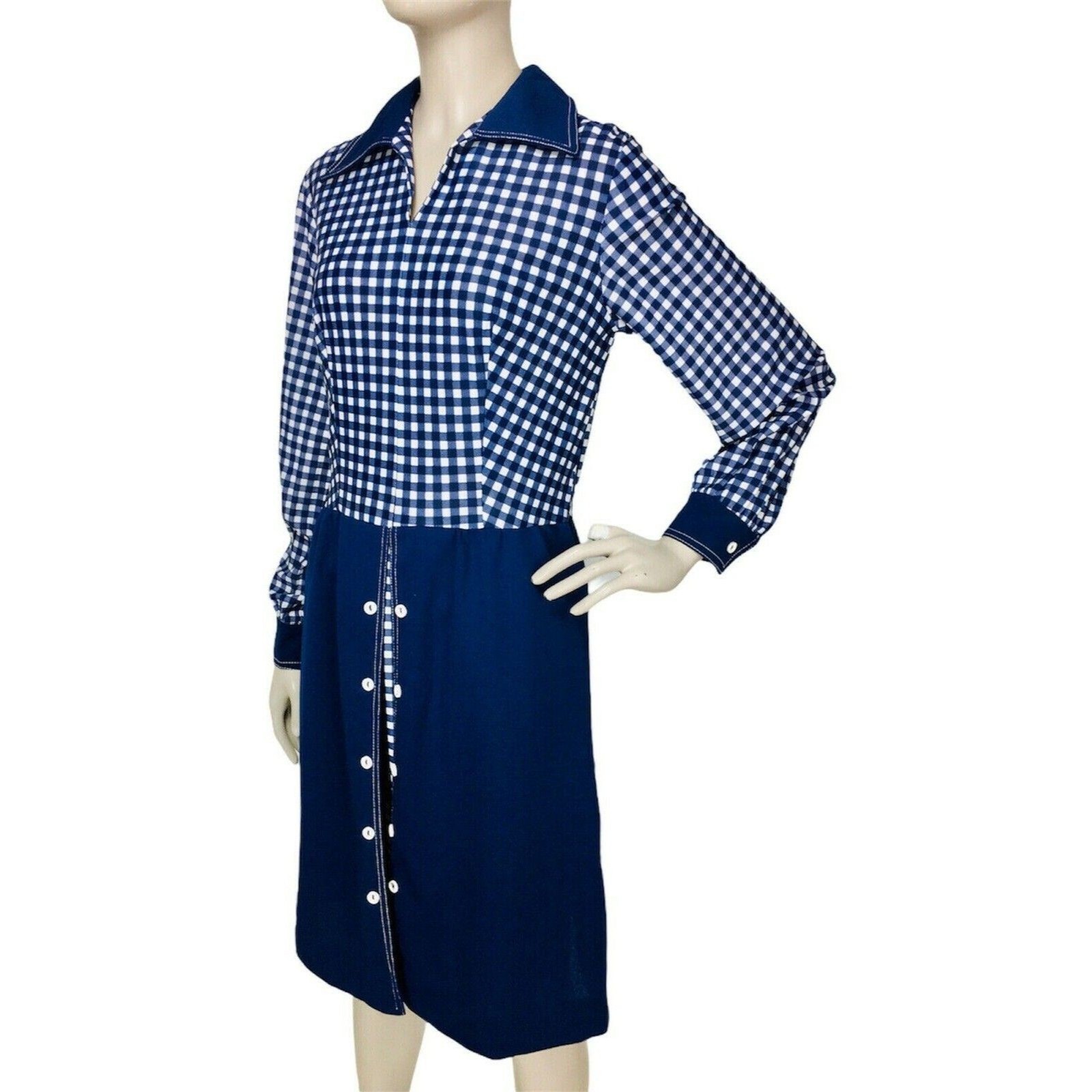 Vintage 60s MOD Academia Blue White Gingham Peekaboo A-Line Dagger Collar Dress