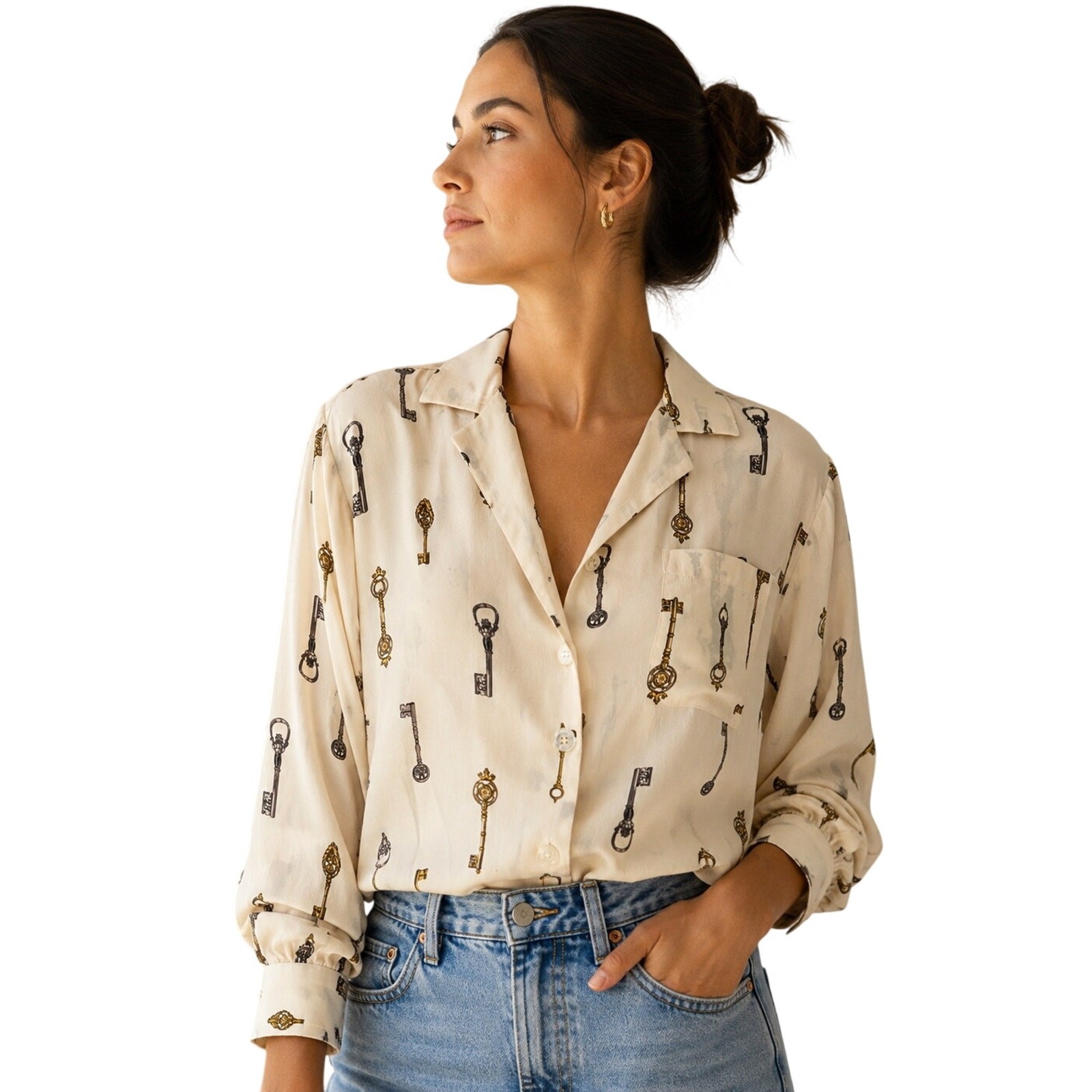 Vintage Silk Key Print Cropped Blouse Novelty Shirt Quiet Luxury top M ^