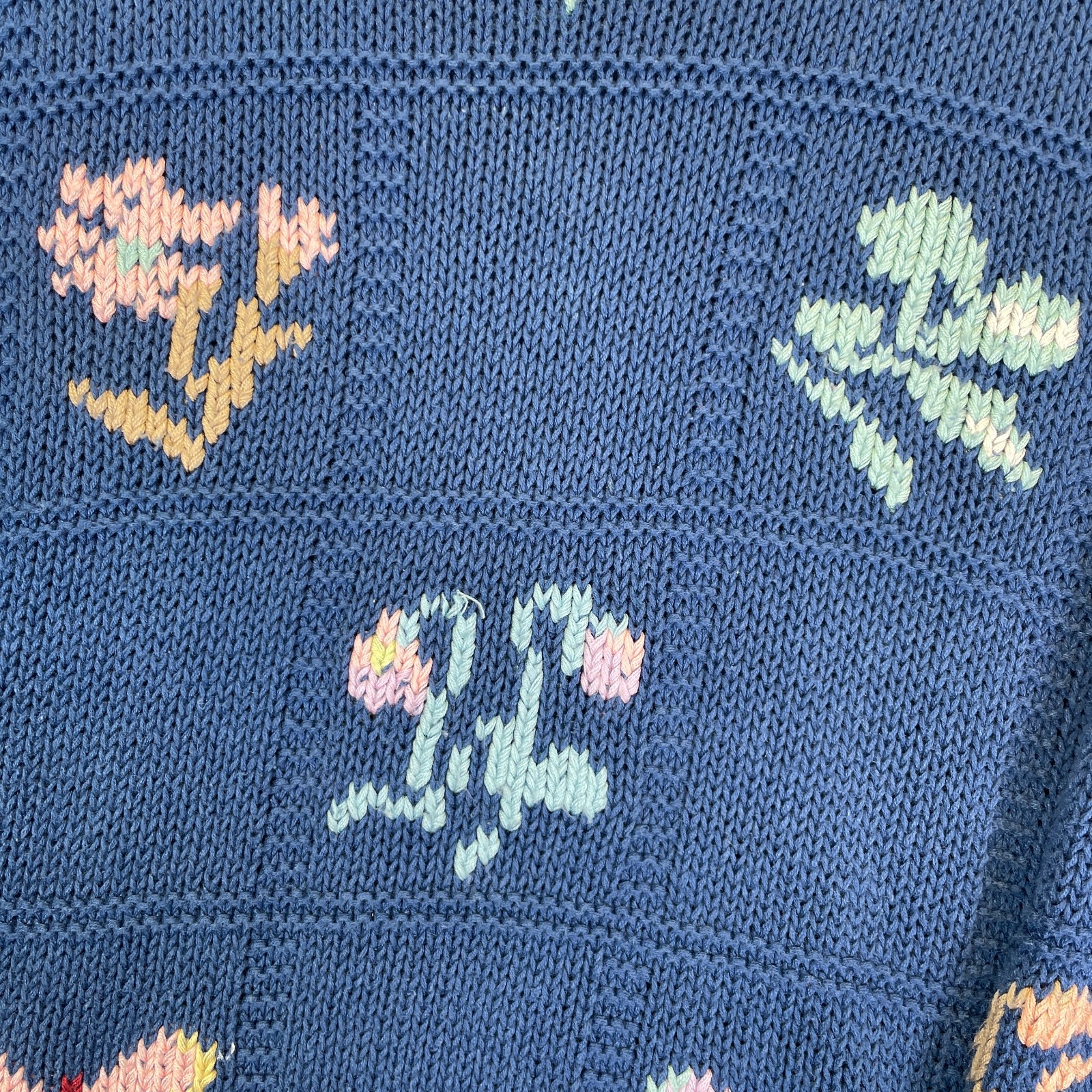 Vintage 90s Mixed Blues Floral Butterfly Sweater Cottagecore Grandmacore Large