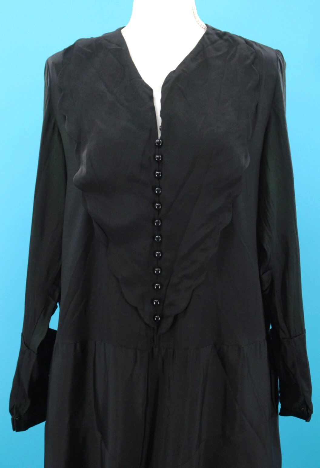 VTG Women’s 20s Black Button Front Drop Waist Dress Sz M 1920s Gown