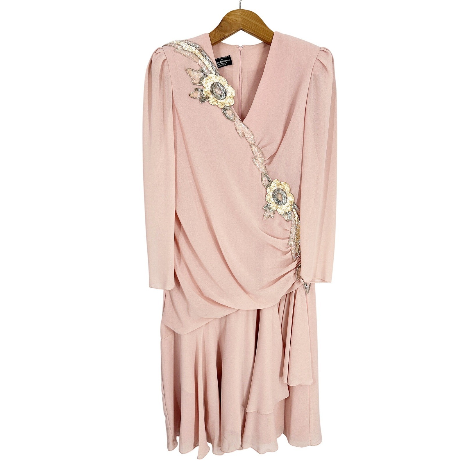 Vintage Karen Lawrence Pink Floral Sequin Embellished Formal Dress Size 8/10/12