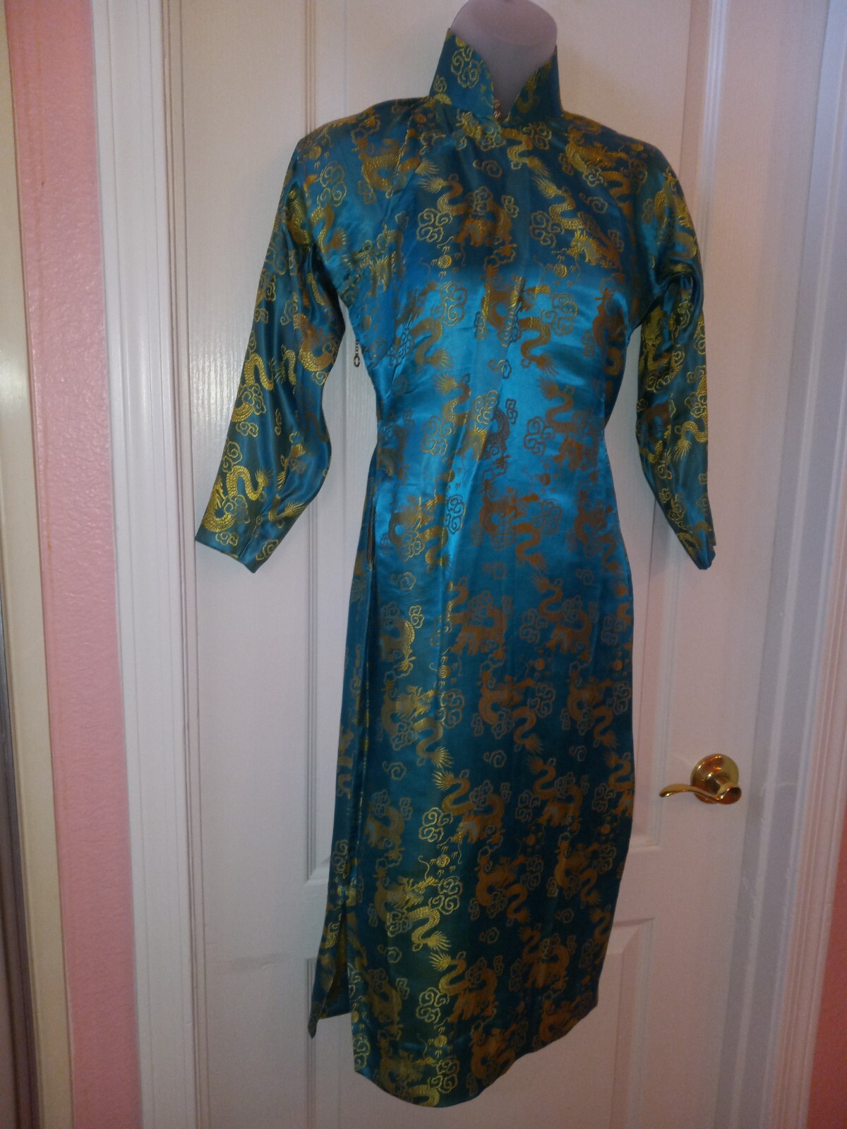Vintage 60s Cheongsam Silk Turquoise Gold Oriental Dragon Wiggle Dress S Tiki O