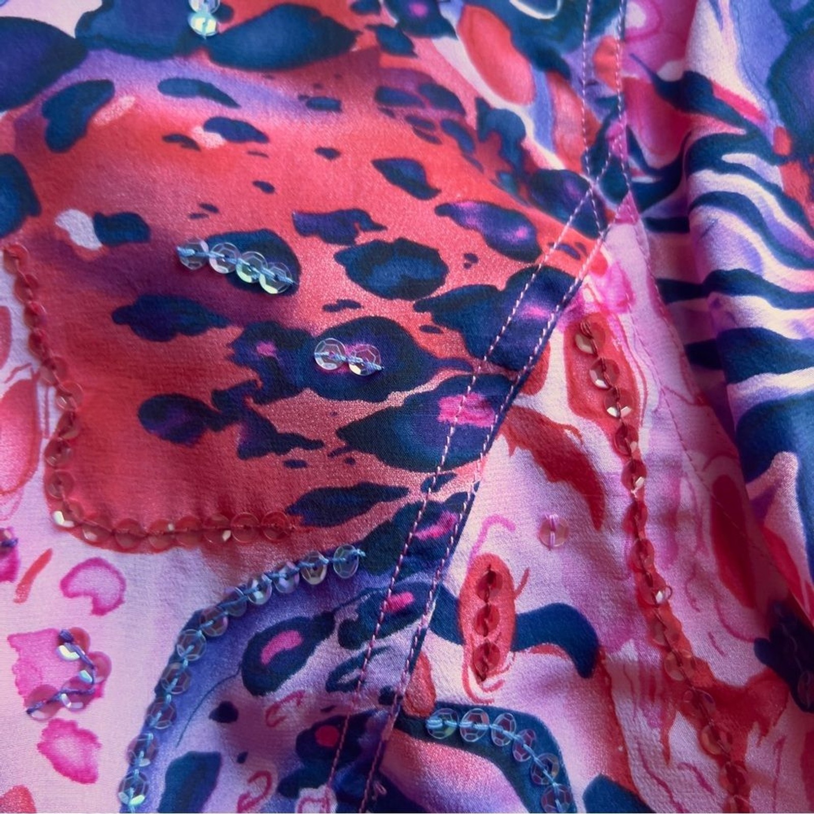 Diane Gilman Vibrant Pink floral sequined dress & Blazer 100% silk set Sz L