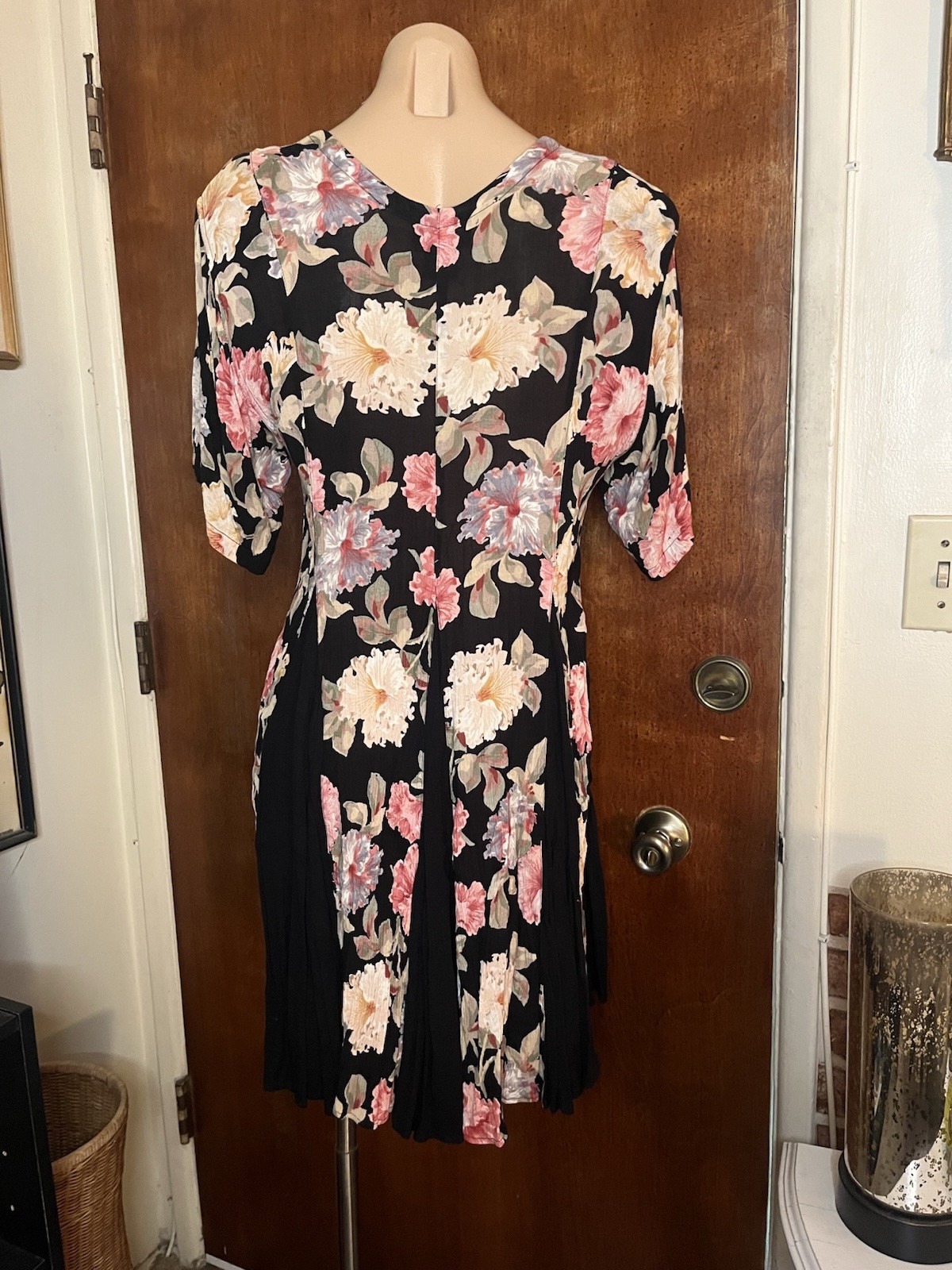 VTG Starina 90s Babydoll Dress in Black Pink Floral Whimsy Grunge Pull-Over~M