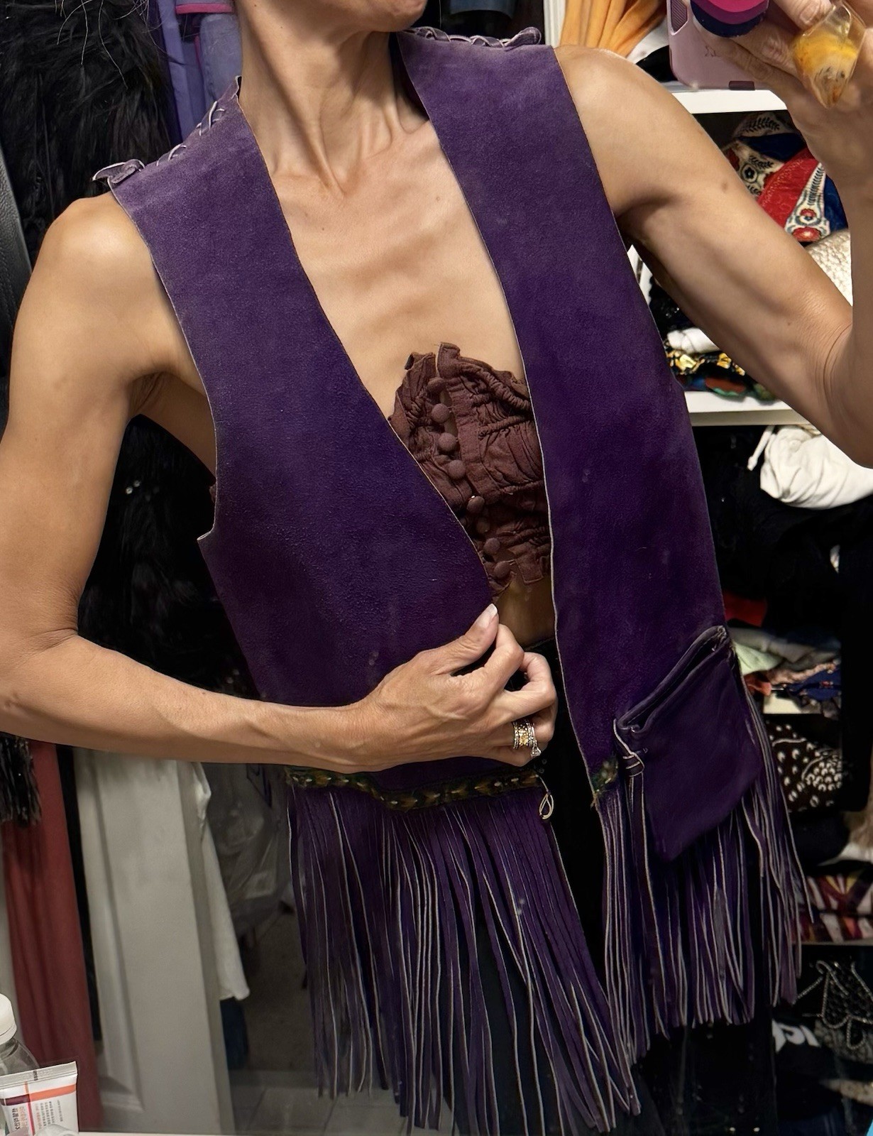 Vtg 70s Purple Leather Suede Vest Fringe Pocket Boho Rock Star Jacket Unisex