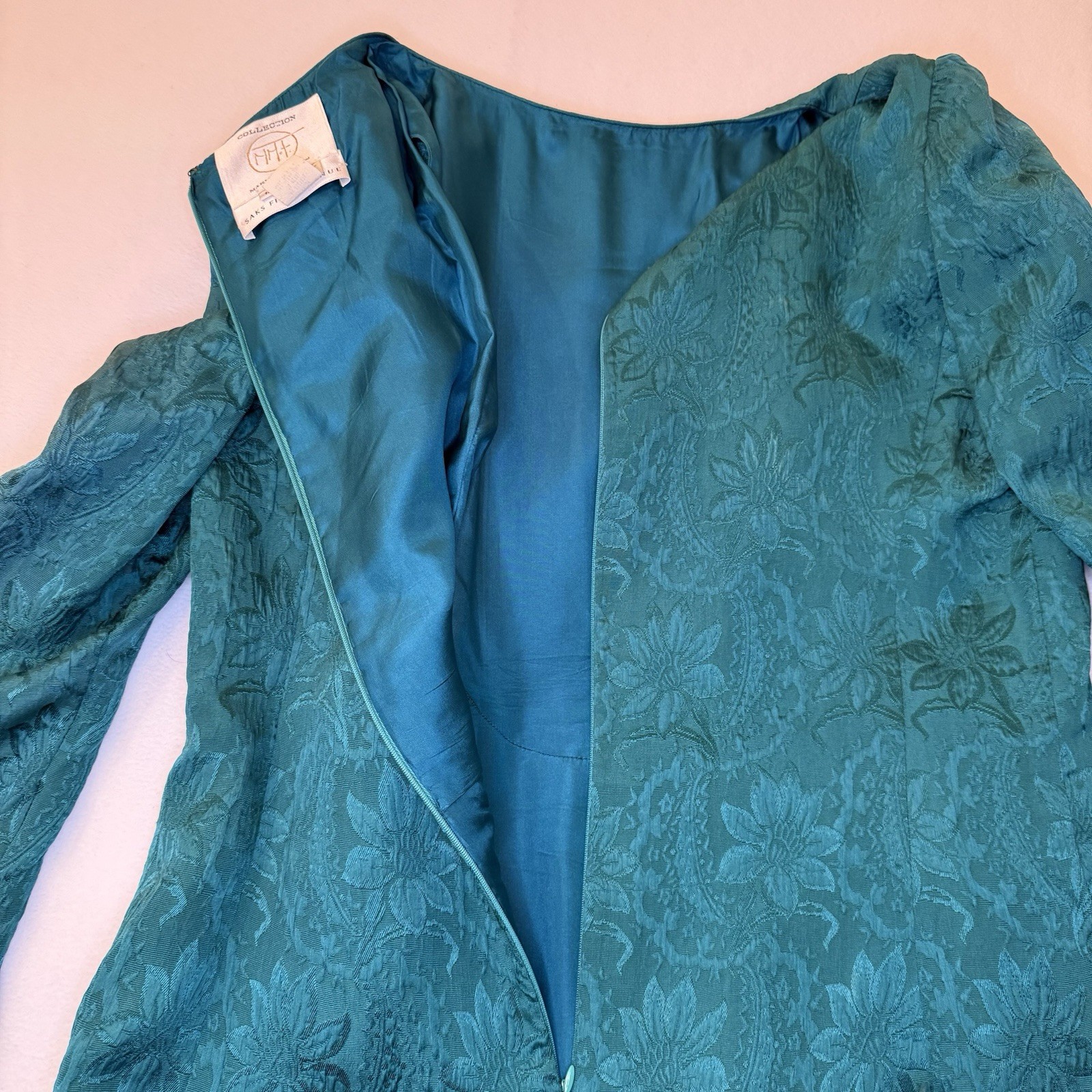 Vintage Mary McFadden for Saks Fifth Avenue Teal Silk Jacquard Dress – Size 16