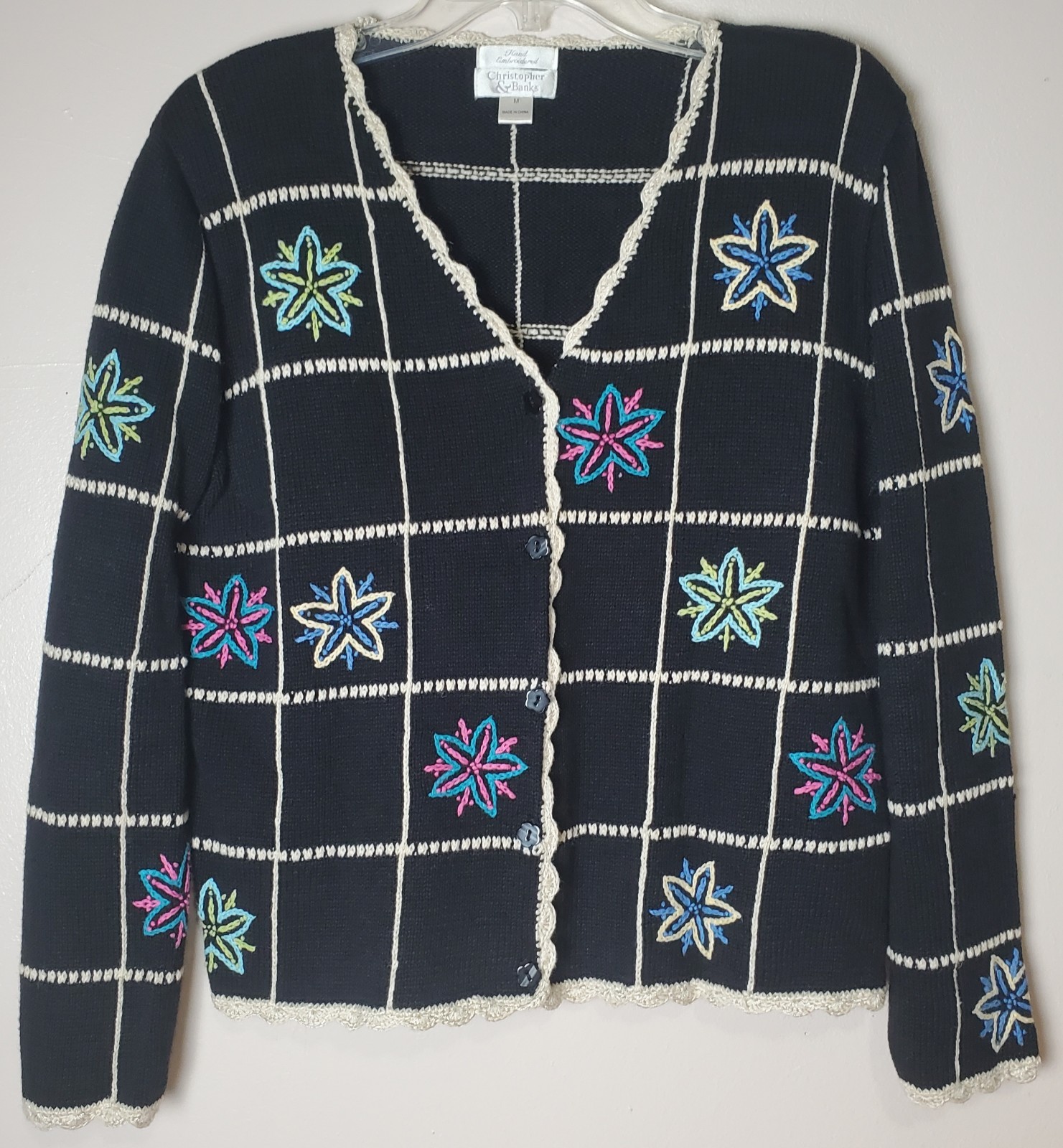 Vintage Y2K Hand Embroidered Cardigan Sweater Women’s Medium Boho Grandma Phoebe