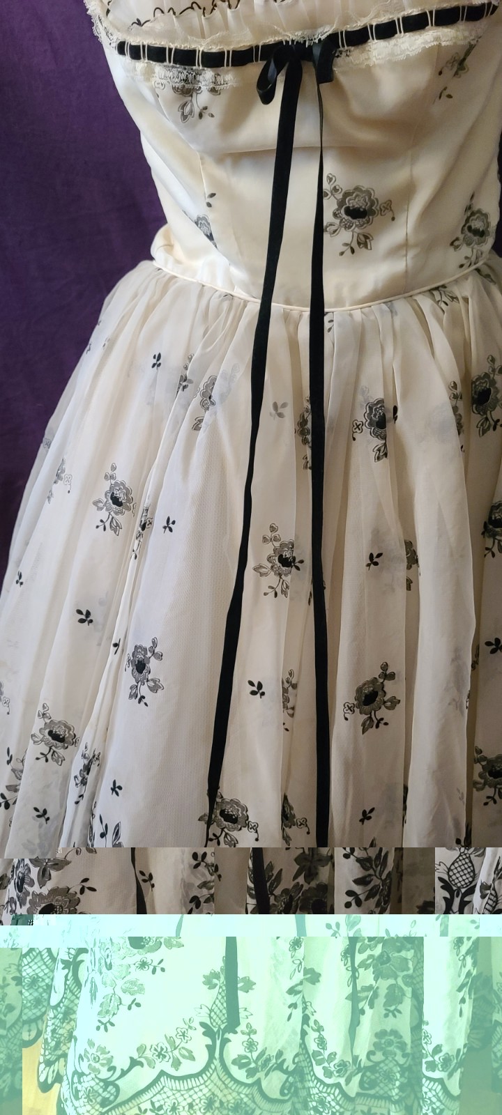 VTG 1950s Floral Party Dress XXS Metal Zip Flocked Chiffon Sabrina Bust Darts