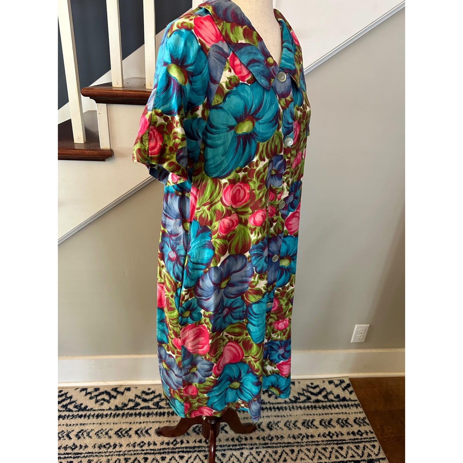 Rhapsody Glazier Vintage Retro 70s Housecoat Dress M/L Floral Pearl Button Robe