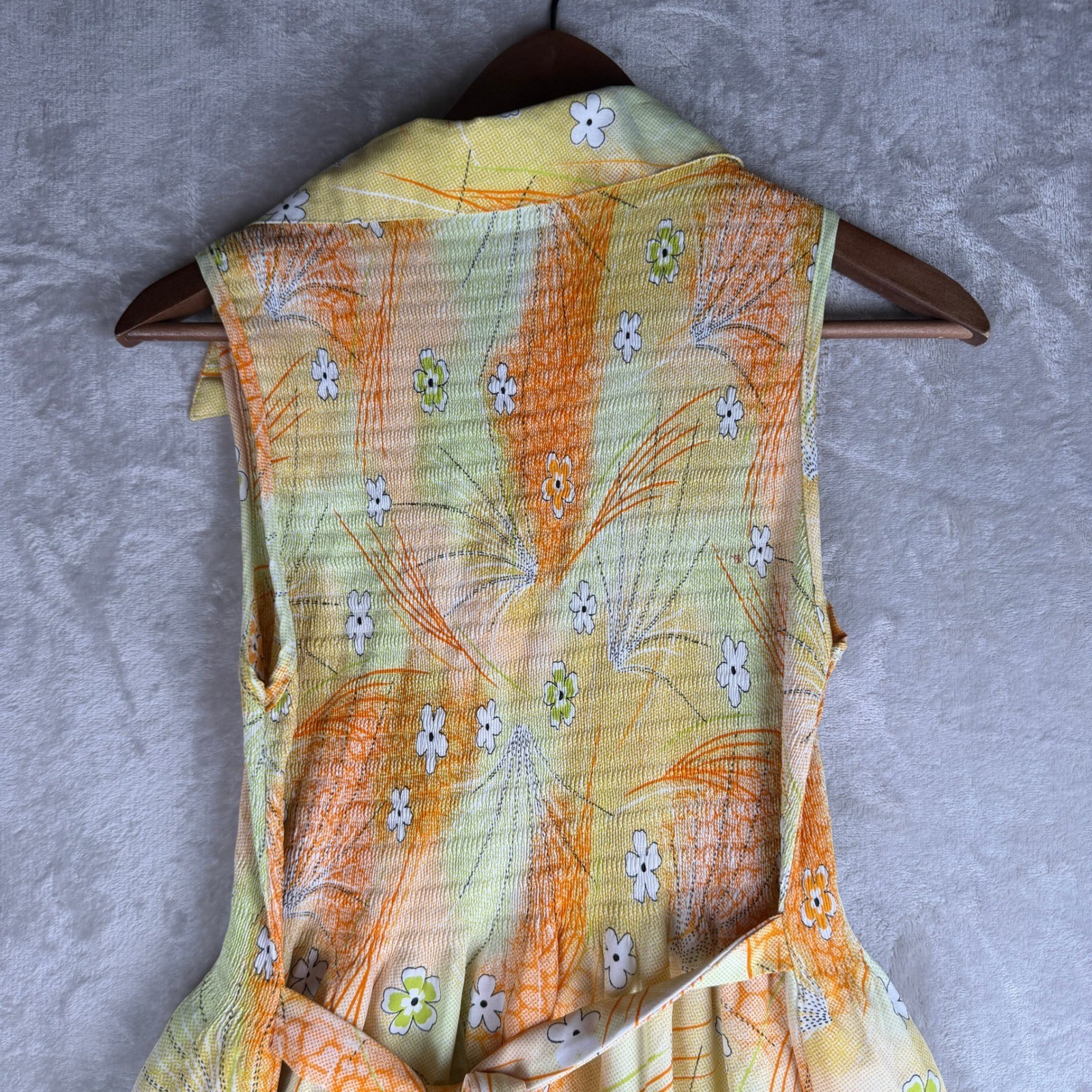 Boho soft girl Vintage 70s Floral Plisse Sleeveless Midi Dress Orange Yellow