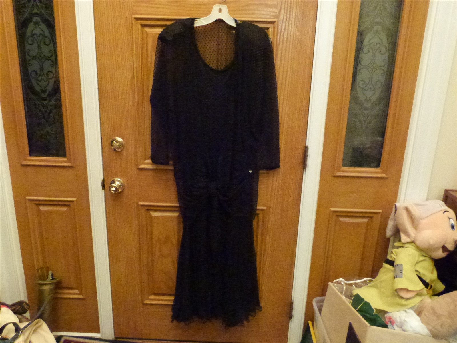 VTG 1980s black swiss polka dot flapper sheath long gothic dress & sheer jacket